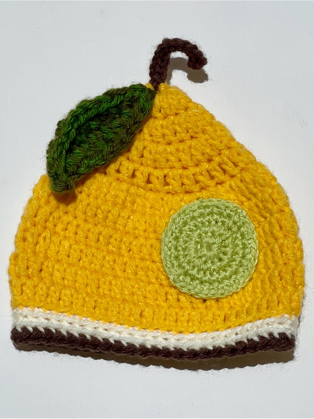 Handmade Yellow Crochet Pear Baby Hat with Leaf Accent - Picture 5 of 6